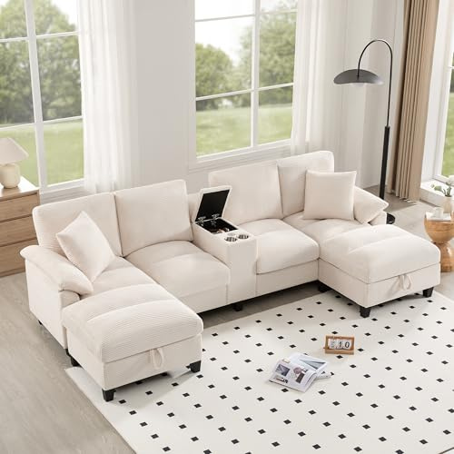 Luonians - Sofá de 4 plazas en forma de U con USB C y 2 portavasos, sofá esquinero de pana con almacenamiento y cojines, sofá multifuncional con reposabrazos en el salón Appt, color beige