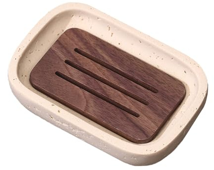 Blissilk Jabonera Baño de Resina con Madera de Nogal – Jabonera Ducha y Cocina con Diseño Piedra, Organizador Baño Antideslizante y Drenaje, Soporte para Jabón Sólido - Beige
