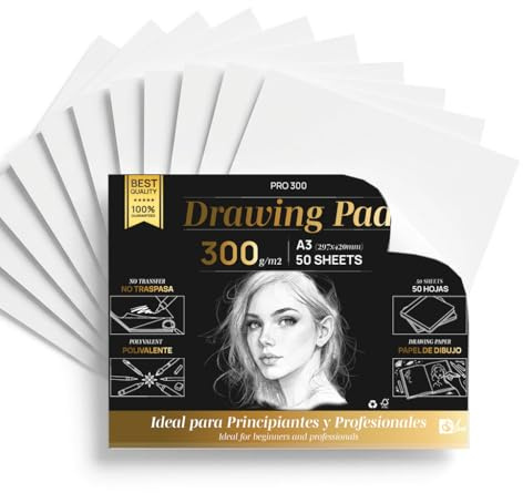 SIDI - Bloc de Dibujo A3 Profesional 300g/m², Papel de Sketchbook, Papel Grueso sin Traspaso, Para Lápiz, Rotulador y Bocetos, Superficie Suave, 25 Laminas de Dibujo (PRO 300, 25 hojas)