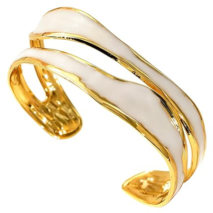 Uwiyo Pulsera Gold Grunky para mujer, pulsera ancha abierta de acero inoxidable dorado, brazalete irregular multicapa, pulseras doradas ajustables para damas y niñas (Blanco)