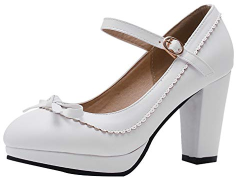 LOVOUO Mary Jane Chaussures Femme Escarpin Rockabilly Vintage Talon Carré Bloc Haut Plateforme Bride Cheville avec Noeud Boucle 8CM(Blanc,45)