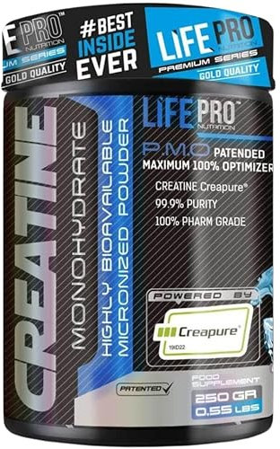 Life Pro Creatina Monohidratada Creapure 250g, Creatina en Polvo Pura con Dosificador, Entrenamiento y Rendimiento Deportivo, Sin Gluten, Creatine Micronizada de Máxima Eficacia y Pureza Garantizada