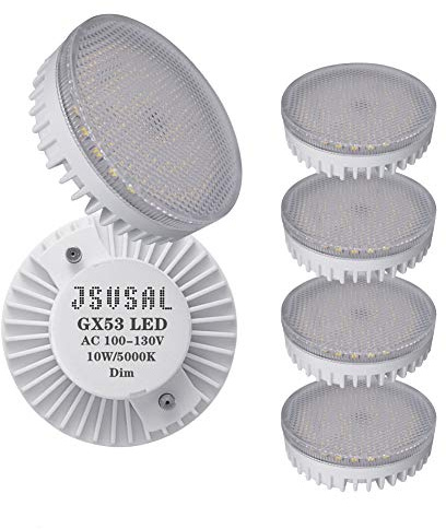 JSVSAL (4-Pack Dimmable 10W 120V GX53 LED Light Bulbs,Daylight White 5000K LED GX53 Downlight Lamp, GX53 Base CFL Replacement Puck Lights for Cabinet, Showcase,Kitchen,Under Cabinet Counter Lighting