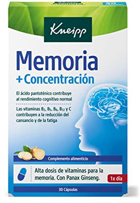 Kneipp Memoria Y Concentracion, Vitaminas para Reducir la Fatiga y el Cansancio, Ideal para situaciones de Estrés o Estudio, Vitaminas B1, B2, B5, B6, B12, C y Ginseng, 30 Cápsulas