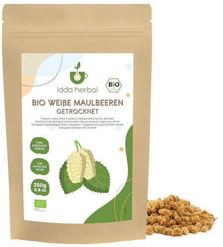 Ekologiska mullbär vita (250 g), ekologiska mullbär torkade, vita mullbär, ekologiska mullbär från kontrollerad ekologisk odling, 100 % ren och naturlig