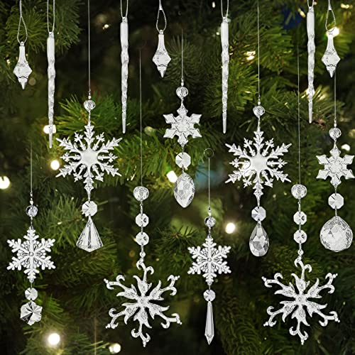 16 Stück Acryl Eiszapfen Schneeflocke Eistropfen Anhänger,Weihnachtsbaum Kristall Dekorationen, Weihnachtsbaumschmuck,Kristallschneeflocke für die Weihnachtsbaumparty