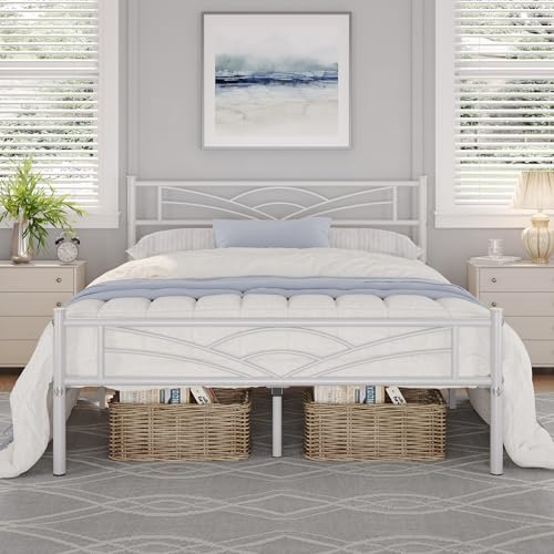 Yaheetech Cama Doble con Espacio Bajo Marco Metal Altura 32 cm Cama Individual con Cabecera para Colchón de 140X 200 cm Blanco