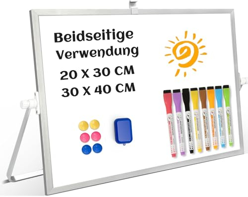 QUEENLINK Whiteboard Magnetisch, Beidseitige Verwendung Desktop Magnettafel klein, White Board Klein mit Ständer 30x40cm Schreibtafel Abwischbar