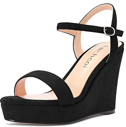 Aachcol Femmes Compensé Plate-forme Sandales Ouvert Bout Lanières Cheville Slingback Bloc Chunky Haut High Talon Heel Dress Chaussures Escarpins Suède Noir 10 CM 44 EU