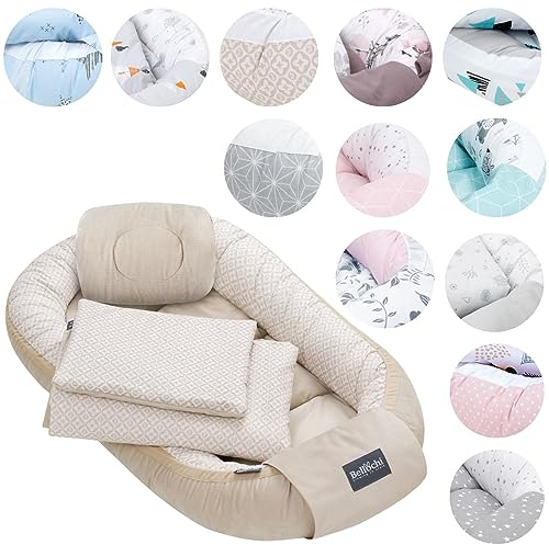Kuschelnest-Set mit Babynest 60x90, Arm Stillkissen, Baby Matratze 30x70 cm, Baby Decke Neugeborenen 50x75 cm, Babykissen Neugeborene - Erstausstattung aus 100% Baumwolle