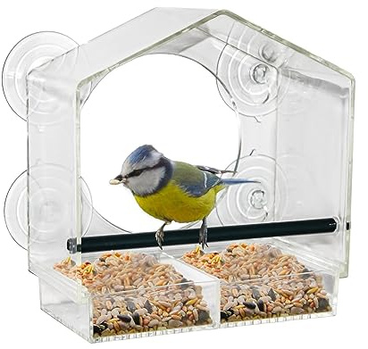 Foder foderfack för fåglar – 20 x 18 cm – transparent fågelhus med sugkoppar och sittstång – fågelmatningsstation foderstation för fastsättning på glasskivor