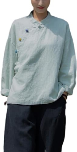 Kkaebi Blusa Cinese in Ramie per Donne - Camicia Hanfu Estiva in Cotone E Lino Abbigliamento Tradizionale Tuta da Meditazione con Maniche Lunghe Top Tunica retrò (M,Verde Chiaro)