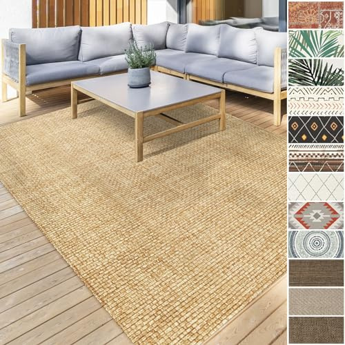 Floordirekt Outdoor Teppich wetterfest & UV beständig für Terrasse, Balkon, Küchenläufer, Flurläufer und Wohnzimmerteppich Robustes, flachgewebtes kurzflor Teppich waschbar 80 x 150 cm Ella Beige