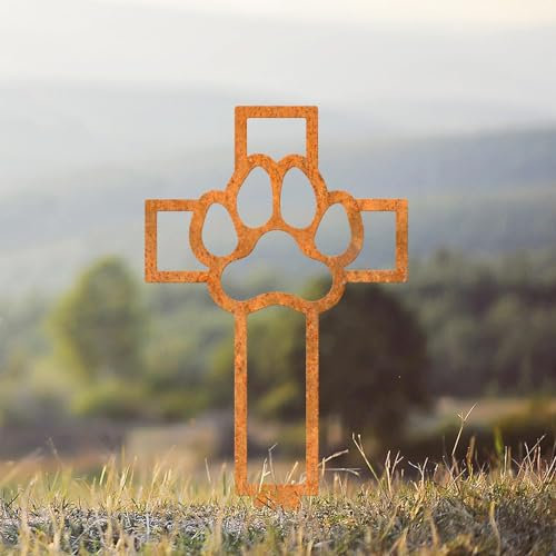 Black Country Metal Works Paw Print on Cross Grave Marker Ground Spike - Rustic Finish