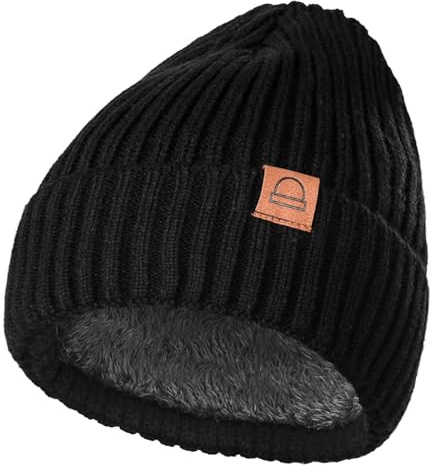 Amzjjle Fashion Knit Beanies Hats, Black Mens Beanies, Warm Beanie for Women, Beanies Hats for Winter, Fleece Lined Beanie, Thermal Thick Polar Fleece Snow Skull Cap for Men and Women