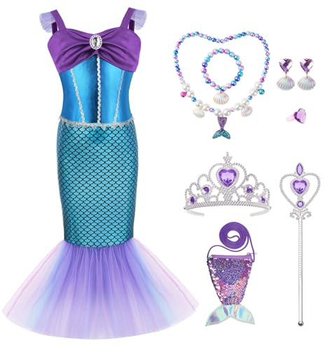 AYBUY Sjöjungfru kostym för barn, flicka sjöjungfru kostym, 150 cm | med Fairy Wand Halsband Tillbehör, Prinsessa Lyxklänning för Barn för Cosplay