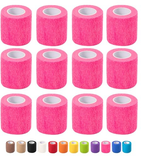 12 Pack Self Adhesive Bandage Wrap, 2 in x 5 Yards Non-Woven Self Adherent Cohesive Bandage, Vet Wrap Wound Tape for Thumb Finger Wrist Knee Ankle, Pink