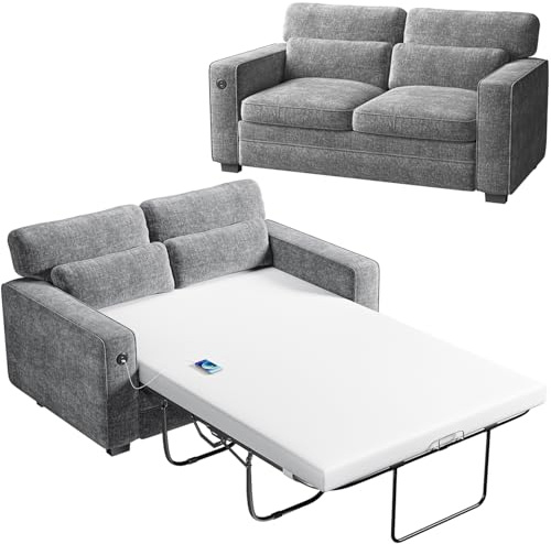 Marsail Pull Out Sofa Bed, Full Size Sleeper Sofa with Memory Foam Mattress, 2 USB Charging and Removable Covers, Loveseat for Living Room, Apartment, Supports 600 LBS, Chenille Fabric, Grey