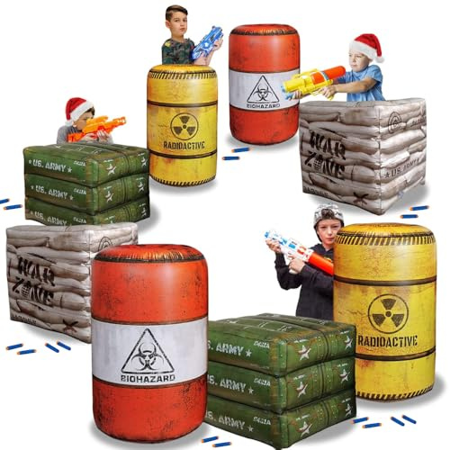 8-Piece Combat Battlefield Inflatable Set for Action Games — 4 Barrels, 2 Army Boxes, 2 Sandbag Barricades for Laser Tag, Water Gun, and Adventure Parties
