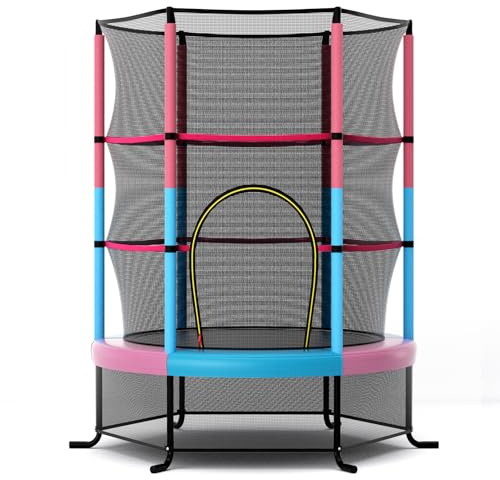COSTWAY Trampolino Elastico Bambino in Acciaio, Tappeto Elastico Bambini da Esterno e da Interno, con Rete e Cusicnetti Antiscivolo (Rosa e blu,165 x 191 cm)