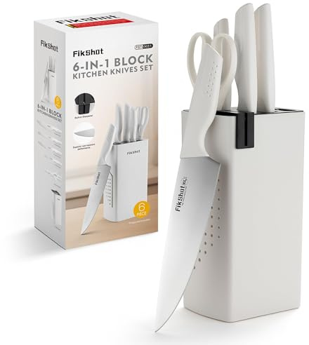 Knife Set, FIKSHOT 6-Piece Kitchen Knife Block Set with & Built-In Sharpener, Dishwasher Safe High Carbon Stainless Steel Blades, Rust-Resistant – Ideal Housewarming Gift
