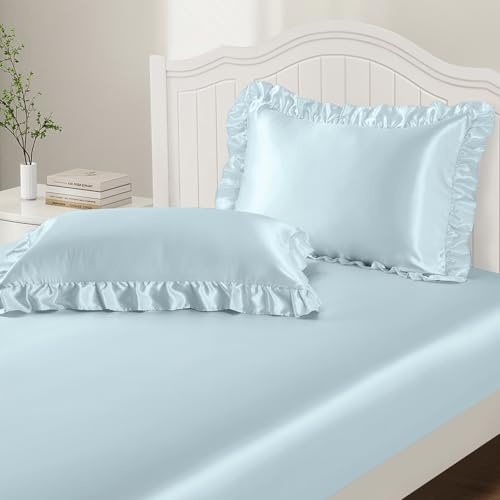 P Pothuiny 3-Piece Set Ruffle Satin Pillowcases & Twin Fitted Sheet, Luxury Baby Blue Satin Fitted Sheet Silky Soft Cute Bedding Bedroom Dorm Decor, Wrinkle Free, 15 Inch Deep Pocket