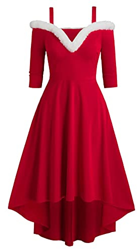 Robe Noël Femme Grande Taille Nouveauté Col en V Duveteux Robe Noel Rouge Mignon Imprimé Rose Cocktail Soirée Rockabilly Décontractée au Genou Midi Robes Christmas Dress Déguisement Père Noël Costume