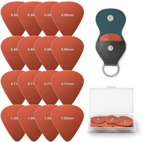 Puas de Guitarra de Nylon Mate (16 Unidades) - Antideslizantes y Flexibles para Guitarra Eléctrica, Acústica, Española, Bajo y Ukelele - Set de 4 Grosores (0.58-1.2mm) con Caja de Almacenaje
