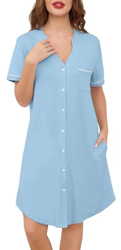 Wikoan Camicia da Notte da Donna Sleepwear Classico Camicia da Notte con Scollo a V e Tasche Laterali,Blu Chiaro,XL