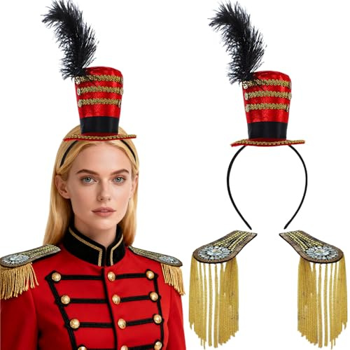 CWENDANER Mini Zylinderhut und 2 Paar Kristall Schulterabzeichen,Fascinator,Showman Stirnband,Kostüm Zubehör für ZirkusZylinderhut,KarnevalZylinderhut,Halloween,Teeparty,Weihnachten