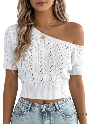 RWGSNB Camiseta Corta Punto Sin Mangas Mujer Tops Crochet con Hombros Descubiertos Camisetas Punto Manga Corta Jersey Ajustado Suéter Casual Verano Camiseta Ligera