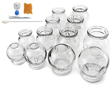 拔罐 13 pcs Thick Medical Grade Glass Cupping Therapy Set (12pcs Multiple Sizes) + Portable Silicone (1pc) / fire Glass Cupping jar for Professionals KT00092+KT00104-16 Piece Set