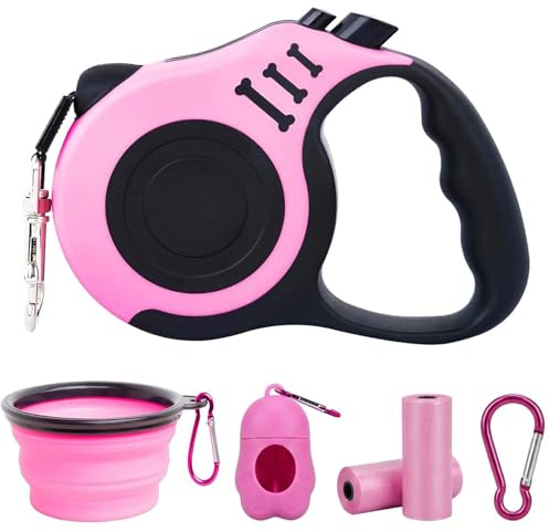 PETIMP Retractable Dog Leash Lightweight 16FT Leash, with Folding Bowl,Dispenser,Waste Bags, for Small Medium Dogs(Pink)