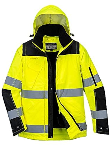 Portwest C469 Pro Hi-Vis 3-i-1 Jacka Löstagbara Ärmar Smutsavvisande Vinter | Gul/Svart, XL, EN ISO 20471 Klass 3, EN 342, Rund Halsringning, Normal Passform, Lång Ärm, 9 Fickor, 300D Oxford, Vattentät