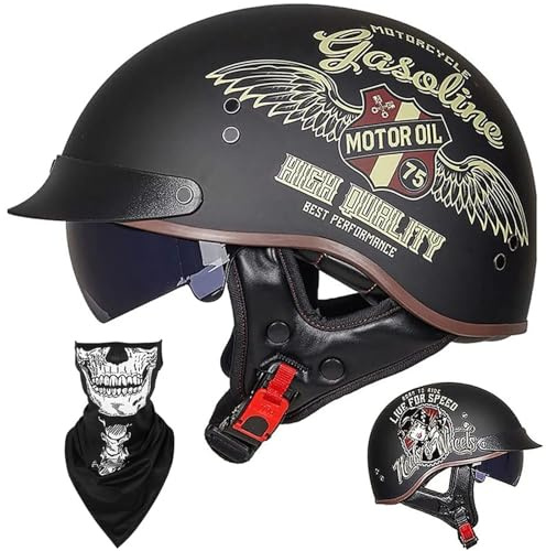 EBAYIN Casque Moto Demi Casque Bol Brain - Cap RéTro Harley Jet Casque Certifié ECE Cruiser Chopper Scooter Pilote Casque Lunettes IntéGréEs Unisexe Casque à DéGagement Rapide,H-M=（57~58cm）