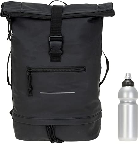 Elephant Rucksack Herren Damen Plane Time Bag COMP Fahrradrucksack Kurierrucksack Roll-Top A4 mit Laptopfach, Bodenfach 12823 + Flasche (Black (schwarz))