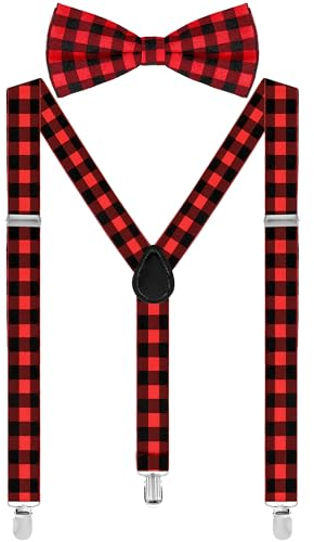 SATINIOR Suspender Bow Tie Set Clip On Y Shape Adjustable Braces, 80s Suspenders Shoulder Strap for Men Women Halloween Cosplay Party(Red a 4.3 x 2.3 inches