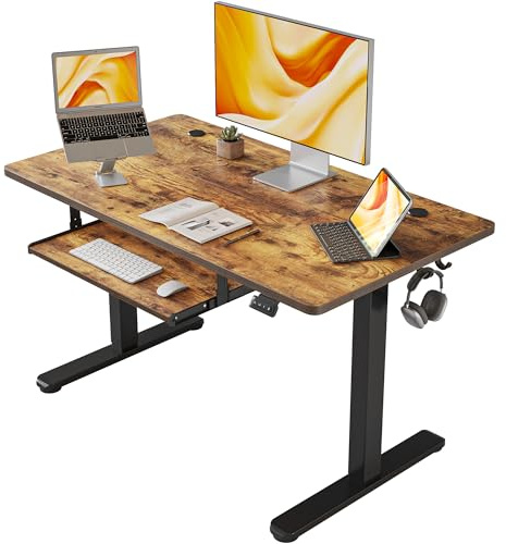 FEZIBO Height Adjustable Electric Standing Desk with Keyboard Tray, 100 x 60 cm Sit Stand up Desk with Splice Board, Black Frame/Rustic Brown Top