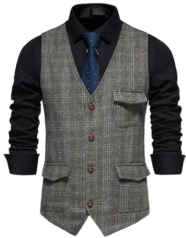 MakingDa Chaleco a cuadros para hombre, formal, sin mangas, cuello en V, a cuadros, de tweed, de negocios, casual, con bolsillo, gris, XL