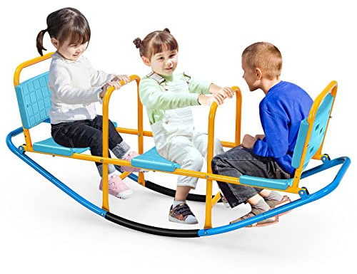 COSTWAY Balançoire à Bascule en Métal pour 3 Enfants avec Dossier & Sièges, Bascule Enfants avec Poignées, Construction Robuste, Intérieur Extérieur, Charge 100kg pour 3-8 Ans (Bleu)