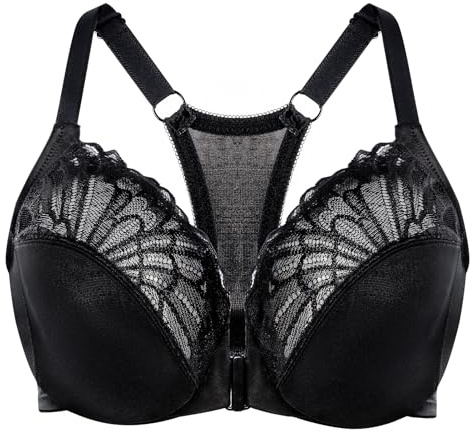 MELENECA Sujetador con Aros de Cobertura Completa para Mujer, con Cierre Frontal, Encaje, sin Forro, Talla Grande Negro 120B