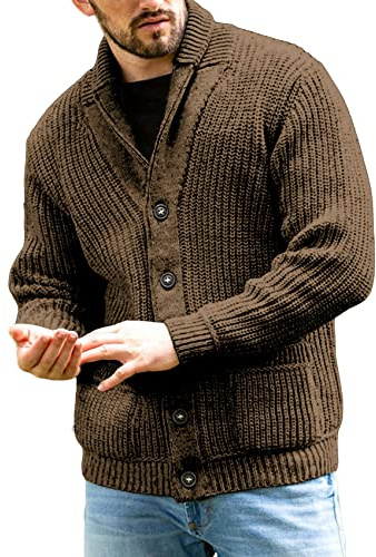 Runcati Chaqueta de punto para hombre de punto grueso Cárdigan Casual Cuello vuelto Manga larga Detalle de botones Jersey de punto Tops, marrón, XXL