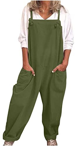 Women's Dungarees Plus Size Soft Cotton Linen Overalls Vintage Solid Adjustable Strap Sleeveless Jumpsuit Casual Baggy Wide Leg Suspender Rompers Oversized Long Pants Onesies