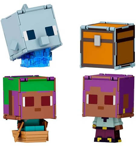 Mattel Minecraft Flippin’ Figs Pack de dos figuras de acción a escala de 9,5cm con cabezas grandes, figuras 2 en 1 para un juego veloz con las manos, Efe/barca y delfín/cofre del tesoro, JCY31