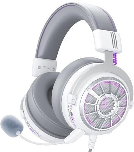 EKSA Gaming Headset PC, PS4 Gaming Kopfhörer mit Mikrofon, Over Ear kopfhörer 3.5 mm Kabel, Abnehmbarem Noise Cancelling Mic, Bass Surround Sound, Headphones für PS5 Gamer, Xbox, Switch, Laptop, weiß