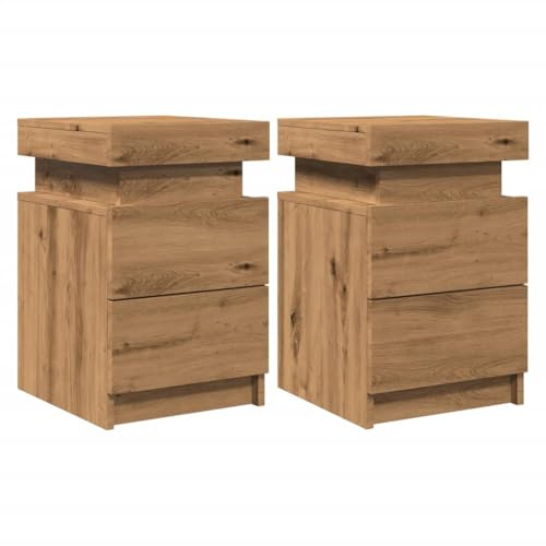 vidaXL Tables de Chevet avec LED 2 pcs chêne Artisanal Bois ingénierie, Meuble de Chevet, Table d'appoint, Armoire de lit, Armoire de Chevet