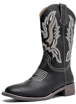 PPXID Cowboy Western Bottes pour Femme Bottes mi-Mollet a Enfiler Mode Confort Bout Rond Brodé Classique