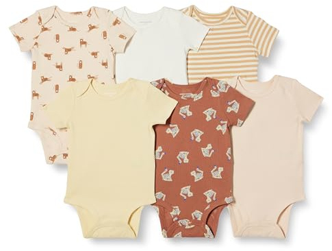 Amazon Essentials Unisex Babies' Short-Sleeve Bodysuits, Baby Vests, Pack of 6, Multicolour/Tiger, 12 Months