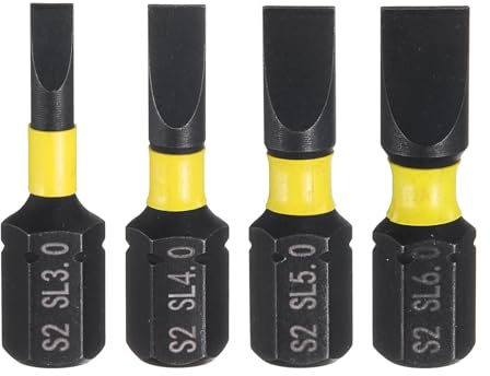 sourcing map 4 puntas de destornillador ranuradas SL3/SL4/SL5/SL6 de 1/4 pulgadas, vástago hexagonal de 25 mm de longitud, puntas hexagonales magnéticas de cabeza plana S2 de acero de grado industrial