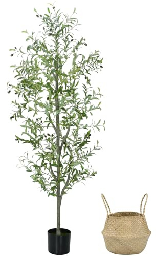 Liyarya Faux Olive Tree 6FT Silk Plant Artificial Indoor, 6 FT Fake Potted Olive with Wicker Basket Planter, Tall Artificial Olive Trees with Natural Wood Trunk & Fruits for Home Office, 6 Feet (72)